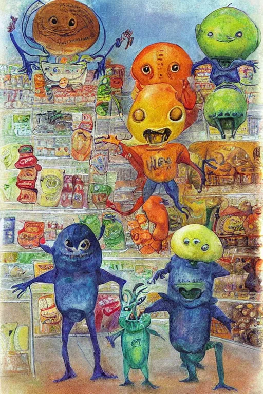 Image similar to cute aliens in a grocery store by jerry pinkney