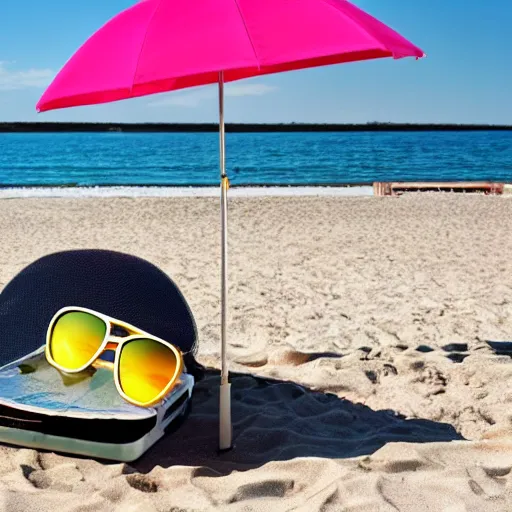 Prompt: a whole Grapefruit wearing sunglasses and relaxing on the beach, A sun umbrella is beside it