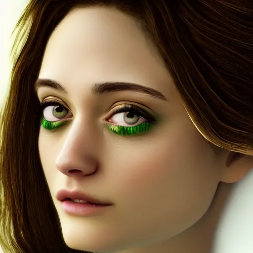 Image similar to green eyes Emmy Rossum, realistic, photo studio, HDR, 8k, trending on artstation