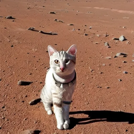 Image similar to cat wearing a spacesuit while walking on mars