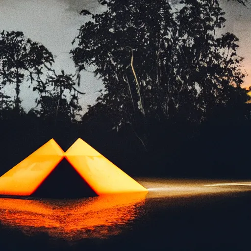 Image similar to a small glowing orange pyramid floating above an open palm, dark lighting