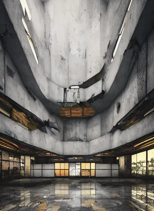 Image similar to “derelict architecture single building , cyberpunk setting, building designed by architect Oscar Niemeyer, architecture digest, building surrounded in a luxury environment, bright tones, fluorescent lighting,volumetric Lighting, photorealism, high detail, golden ratio, cinematic, octane renderer”