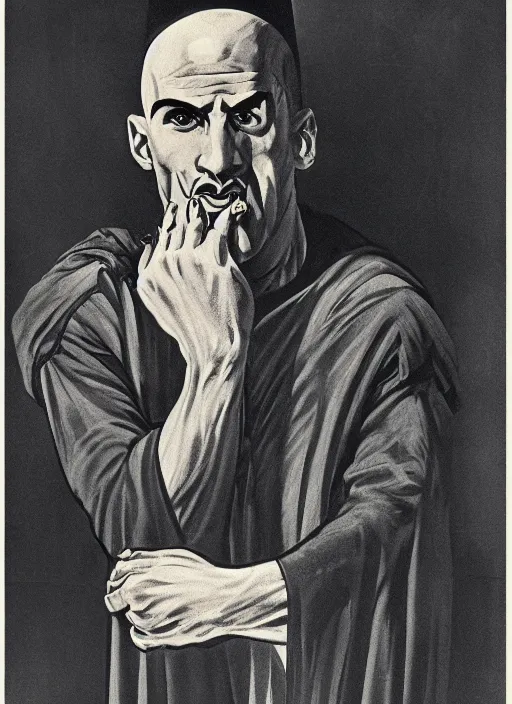 Image similar to portrait of glamorous bald medieval man with big nose and annoyed gesture,look of hate, threatening pose, 1940s propaganda poster, full hd,highly detailed