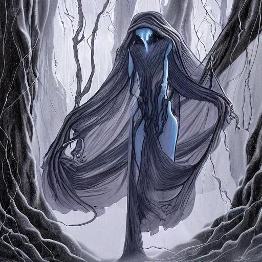 Prompt: concept designs for an ethereal ghostly wraith like figure with a squid like parasite latched onto its head and long tentacle arms that flow lazily but gracefully at its sides like a cloak while it floats around a frozen rocky tundra in the snow searching for lost souls and that hides amongst the shadows in the trees, this character has hydrokinesis and electrokinesis for the resident evil village video game franchise with inspiration from the franchise Bloodborne and the mind flayer from stranger things on netflix in the style of a marvel comic