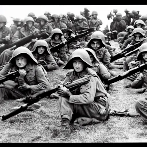 Image similar to a platoon of WWII war kittens holding rifles.