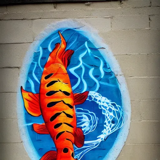 Image similar to a beautiful koi fish in the style of street art