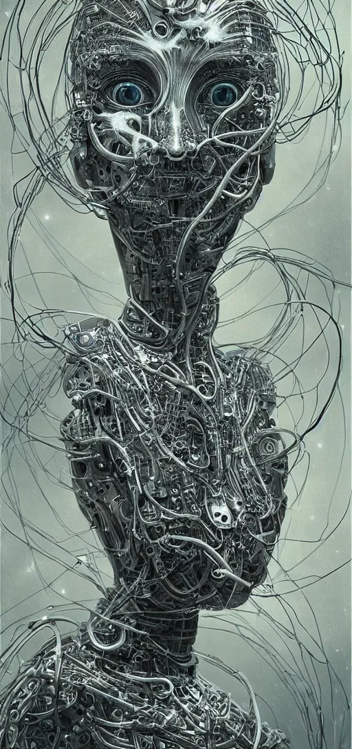 Image similar to female robot pilot, mechanical creature, electronic wires relays computer nerves, girl face, dystopian surrealism, alex ries zdzisław beksinski giger, very intricate details, demon chinese female, deep luminous eyes contain galaxies, head contains nebula, deep aesthetic, concept art, carved silver circuits diodes resistors semiconductors, highly ornate