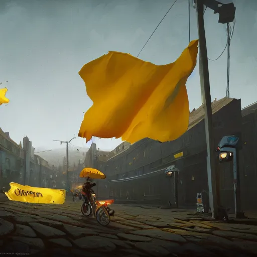 Image similar to cheese revolution, yellow flags, by cedric peyravernay, by simon stalenhag, cinematic, dramatic lighting, excellent composition, trending on artstation