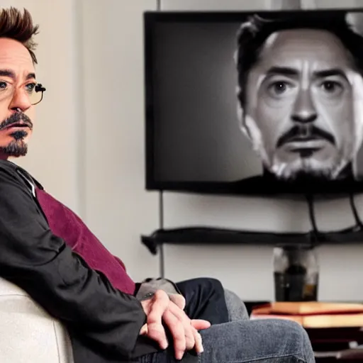 Image similar to a photo of a man sitting on his couch watching robert downey jr interview