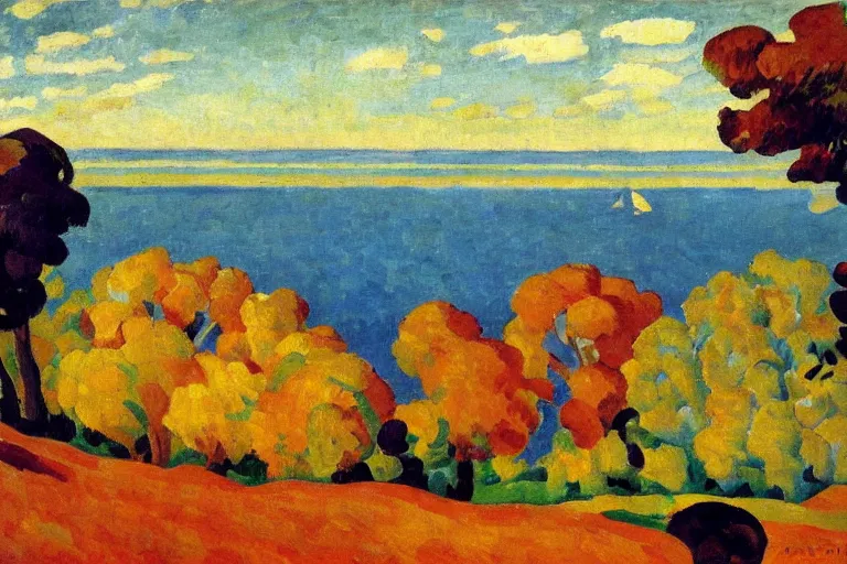 Image similar to A vivid landscape painting of the Chesapeake bay in the fall, bathed in golden light, peaceful, sailboats, birds in the distance, golden ratio, fauvisme, art du XIXe siècle, figurative oil on canvas by André Derain, Albert Marquet, Auguste Herbin, Louis Valtat, Musée d'Orsay catalogue