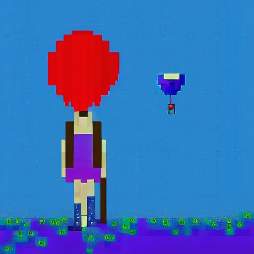 Prompt: A lonely depressed poor girl holding a blue balloon at night on a lonely island, pixel art