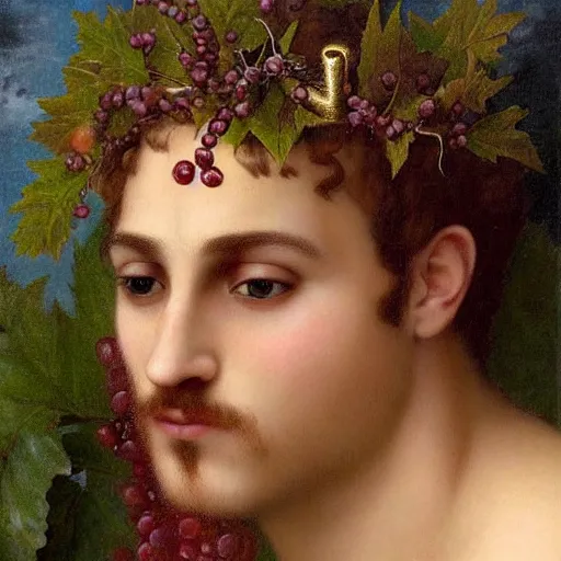 Prompt: photorealistic god dionysus with leaves and grape in his hair by frida harris and bouguereau