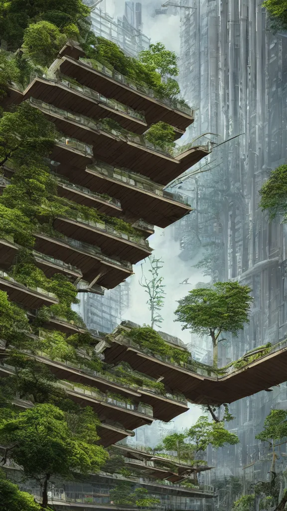 Prompt: photo in style of hiroshige and piranesi. biopunk timber parametric futuristic building in a urban setting. ultrarealistic. mossy buildings have deep tall balconies with plants, trees, and many people. thin random columns, large windows, deep overhangs. greeble. 8 k, volumetric lighting.