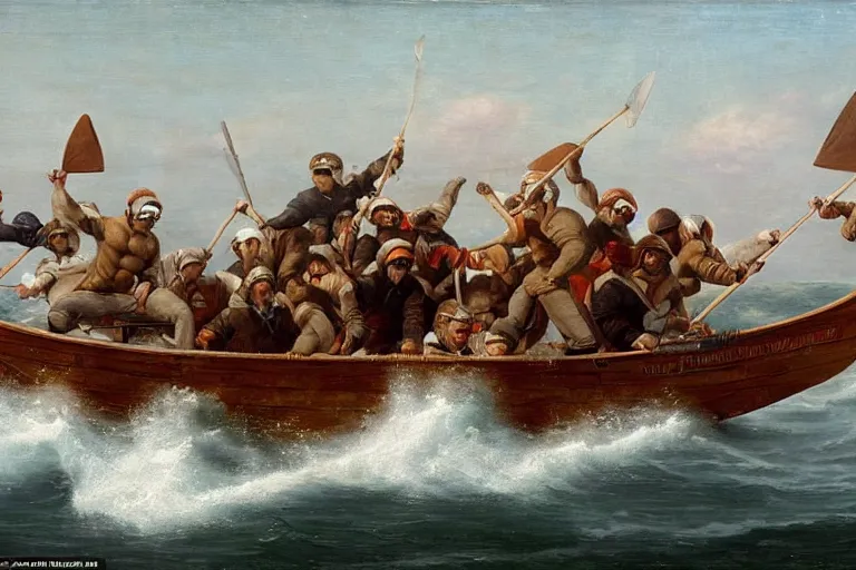 Prompt: a rowboat filled with nfl players in football helmets and pads, one has a harpoon, they are chasing a whale, american oil painting