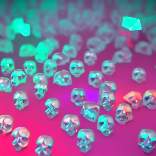 Prompt: tiny crystal skulls, by charlie bowater, isometric, chroma colors, electroluminescent wire lighting, 8 k, polygon, paradox, screen space global illumination, volumetric light, transparent, liquid crystal, ray tracing reflections