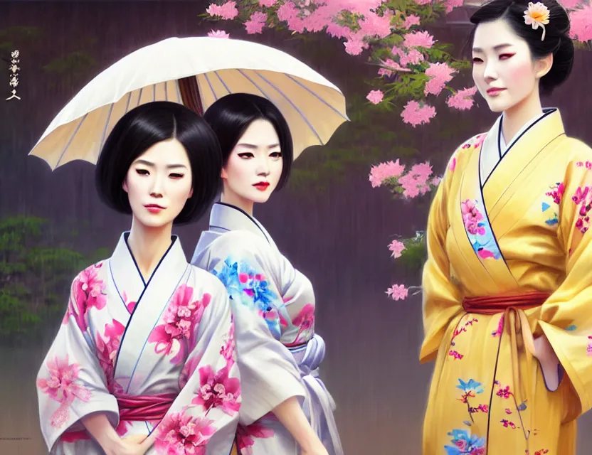 Image similar to two beautiful fashion taiwan girls wear elegant yukata in festival | | big eyes, sunny, realistic shaded, smile, good looking, fine details, 4 k realistic, cryengine, realistic shaded lighting poster by greg rutkowski, magali villeneuve, artgerm, jeremy lipkin and michael garmash and rob rey