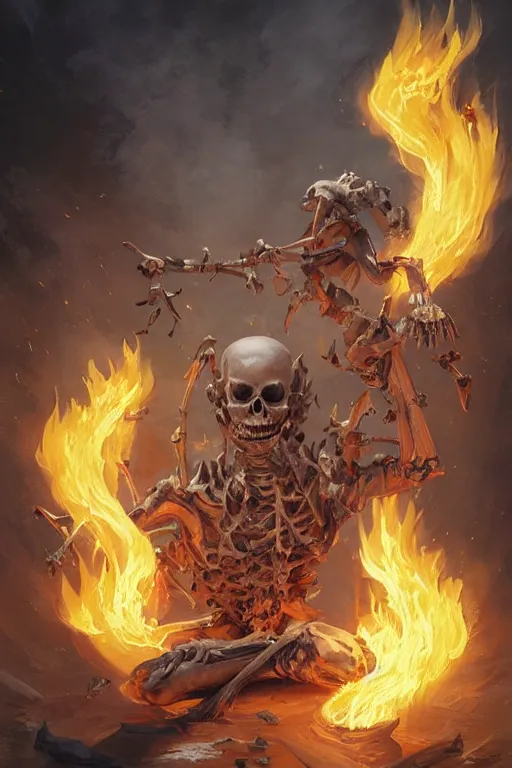 Image similar to skeleton burning in yellow flame spell scroll art by artgerm and greg rutkowski and Craig Mullins, James Jean, Andrey Ryabovichev, Mark Simonetti and Peter Morbacher 16k