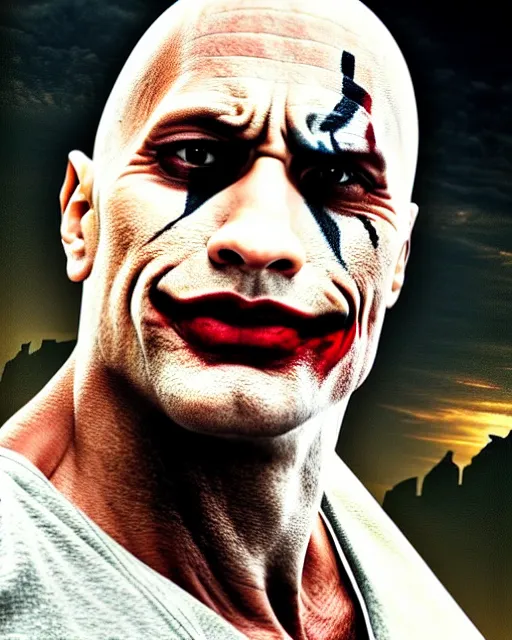 Image similar to Film still close-up shot of Dwayne The Rock Johnson as The Joker from the movie The Dark Knight