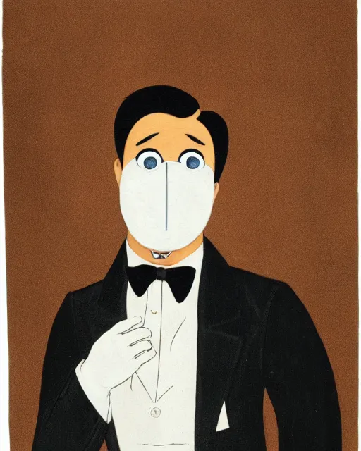 Image similar to portrait of young man wearing black medical mask, suit and tie, style of tex avery