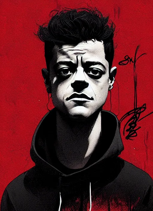 Image similar to highly detailed closeup portrait of a sullen rami malek, elliot alderson, black hoody by atey ghailan, by greg rutkowski, by greg tocchini, by james gilleard, by joe fenton, by kaethe butcher, gradient red, black and white color scheme, grunge aesthetic!!! ( ( graffiti tag wall background ) )