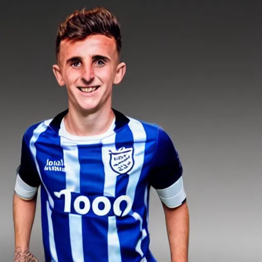 Image similar to “A realistic photo of English football player Mason Mount as a humanoid android with shiny skin and wearing his soccer uniform”