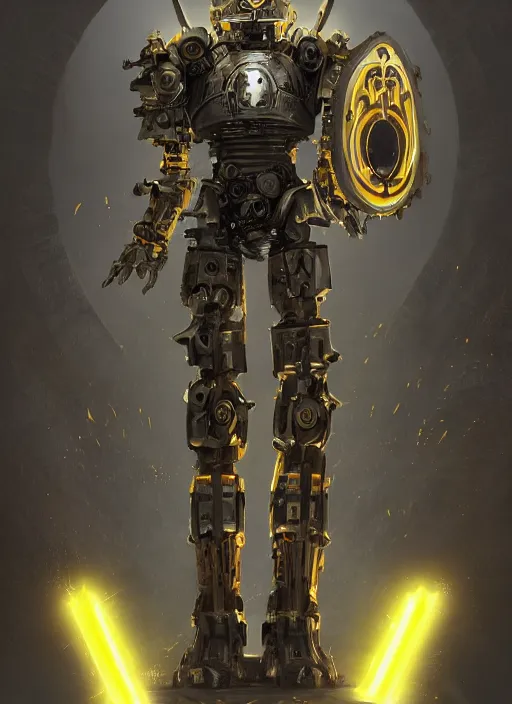 Image similar to full body, attack position abstract portrait of a intricate glorious holy mechanical warforged with circular glowing eye, character in yellow armor holding a paladin engraved great longsword drawn and carrying a big paladin shield, vertically flat head, face in focus, pit droid, epic , trending on ArtStation, masterpiece, cinematic lighting, by Ross Tran and by Greg Rutkowski