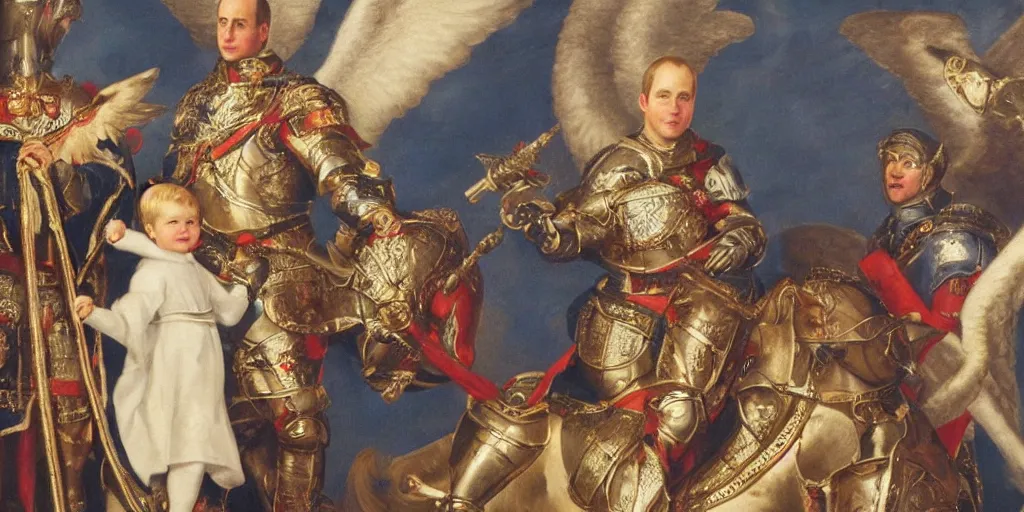 Image similar to photo of prince william, duke of cambridge wearing knight's armor with heavenly angels surrounding him