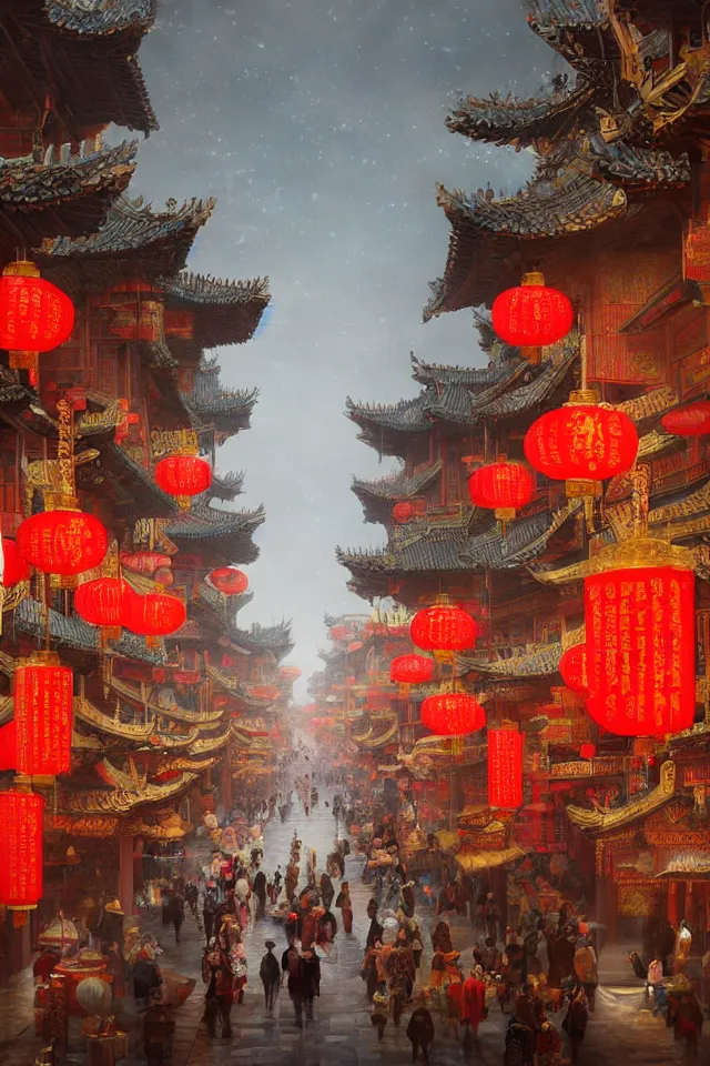 Image similar to epic scenery of a shopping street in the Chinese imperial city, intricate, elegant, volumetric lighting, digital painting, highly detailed, artstation, sharp focus, illustration, concept art, ruan jia, steve mccurry