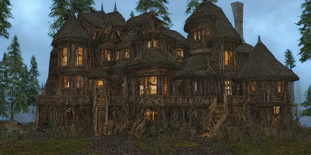 Prompt: large residence in pacific northwest, style of telvanni wizard's mushroom tower