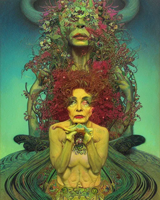 Image similar to flowerpunk portrait of a fierce old matriarch by paul lehr, beksinski, alphonse mucha