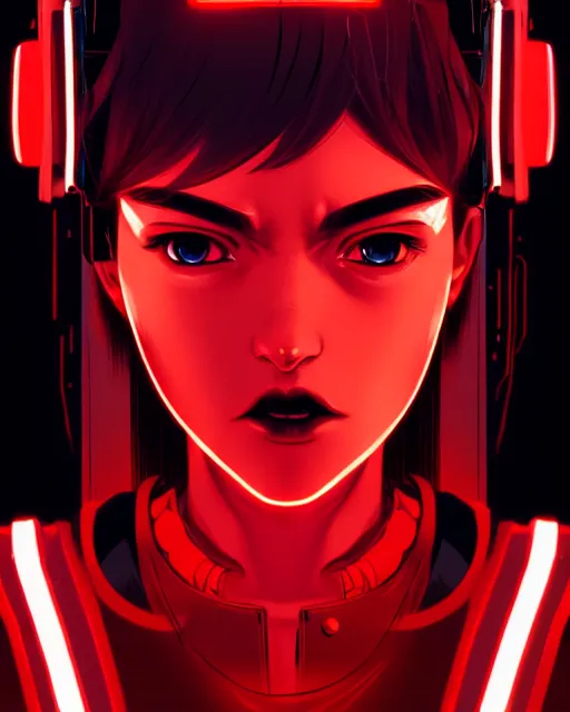 Image similar to a comic potrait of a cyberpunk cyborg girl with black and red parts, fine - face, realistic shaded perfect face, fine details. night setting. very anime style. realistic shaded lighting poster by ilya kuvshinov katsuhiro, unreal engine, global illumination, radiant light, detailed and intricate environment