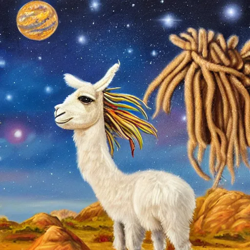 Prompt: highly detailed oil painting, one llama with dreadlocks, in a desert, with starfall in the night sky