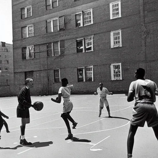 Prompt: people playing basketball in 1 9 5 0, harlem