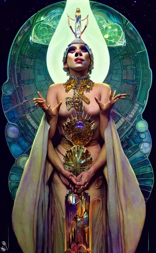 Prompt: lady gaga as atomic priestess, gorgeous lighting by weta studio, mucha, bautista and norman rockwell and greg rutkowski and tom bagshaw and james gurney and lucasfilm