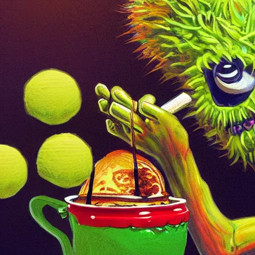 Prompt: a tennis ball monsters eating pancakes, breakfast, digital art, fantasy, magic, chalk, trending on artstation, ultra detailed, professional illustration by basil gogos