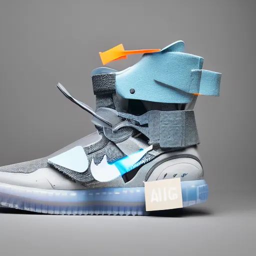 Image similar to a studio photoshoot of Nike Air Mag x Off-white sneakers designed by Virgil Abloh, leather and transparent knitted mesh material, glowing light outsole, realistic, color film photography by Tlyer Mitchell, 35 mm, Graflex