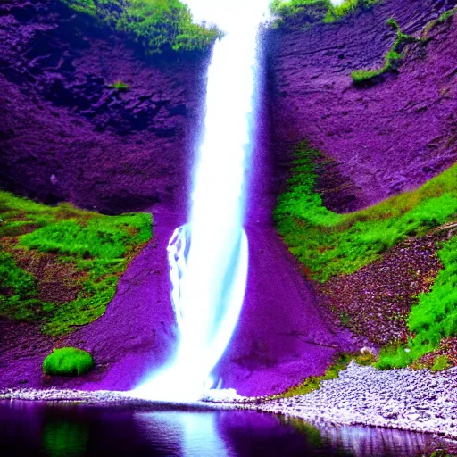 Prompt: photo of a purple fjord waterfall