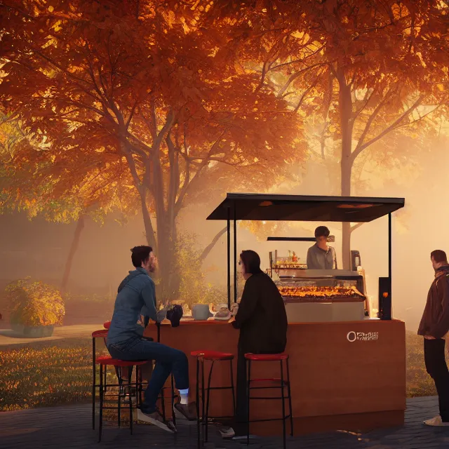 Image similar to pumpkin headed people ordering coffee at a coffee stand, maple trees with fall foliage, volumetric, realistic, cinematic lighting, ray tracing, unreal engine 5, octane render, hyper realistic, photo, 8 k