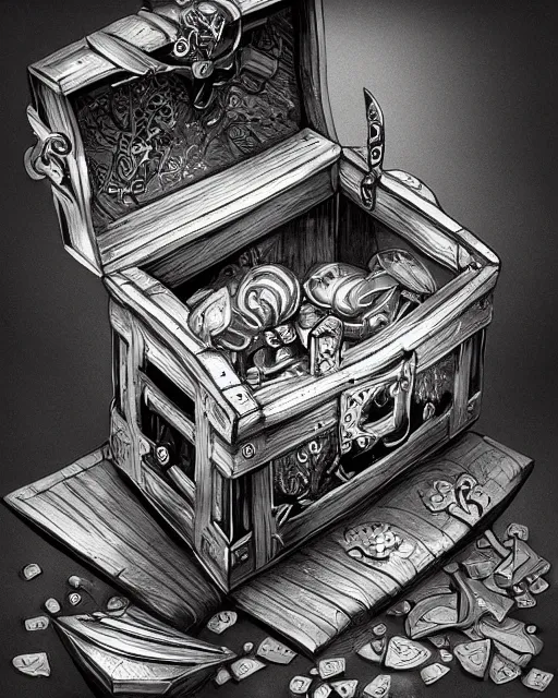 Image similar to a treasure chest, black and white, fantasy art, object art, illustration, fantasy, intricate, hyper detailed, artstation, concept art, smooth, sharp focus, ray tracing