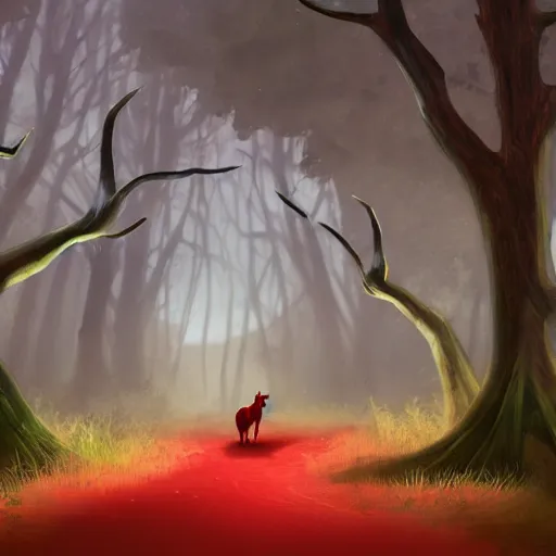 Image similar to a little red riding a horse through a forest, a storybook illustration by nina tryggvadottir, pixiv contest winner, environmental art, 2 d game art, storybook illustration, concept art