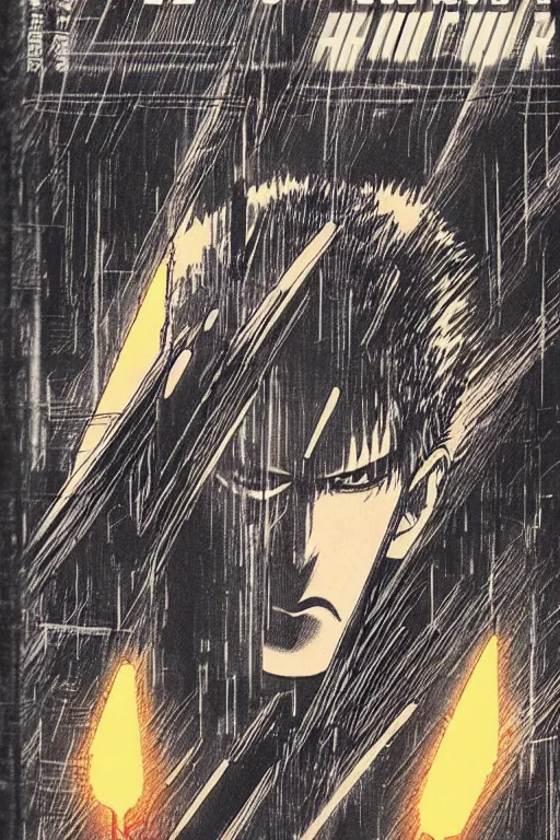 Image similar to bladerunner manga cover, cover art for manga, full color, seinen manga by kentaro miura. text kanji hiragana on the cover simplistic minimalist stylized cover art, coherent professional