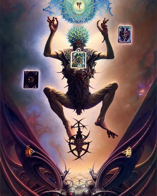 Image similar to man upside down tarot card, fantasy character portrait made of fractals, ultra realistic, wide angle, intricate details, the fifth element artifacts, highly detailed by peter mohrbacher, hajime sorayama, wayne barlowe, boris vallejo, aaron horkey, gaston bussiere, craig mullins