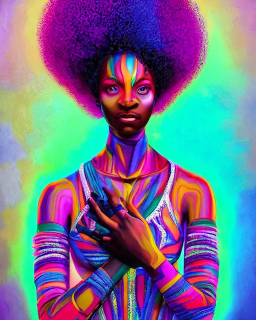 Image similar to colorful portrait of a black woman hippie wearing her hair in an afro, but set in the future 2 1 5 0 | highly detailed | very intricate | symmetrical | professional model | cinematic lighting | award - winning | painted by mandy jurgens | pan futurism, dystopian, bold psychedelic colors, cyberpunk, anime aesthestic | featured on artstation