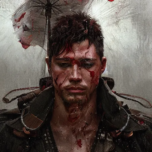 Image similar to portrait of a male warrior bruised and bleeding, raining, lightning strike in background, intricate, headshot, highly detailed, digital painting, artstation, concept art, sharp focus, cinematic lighting, illustration, art by artgerm and greg rutkowski, alphonse mucha, cgsociety