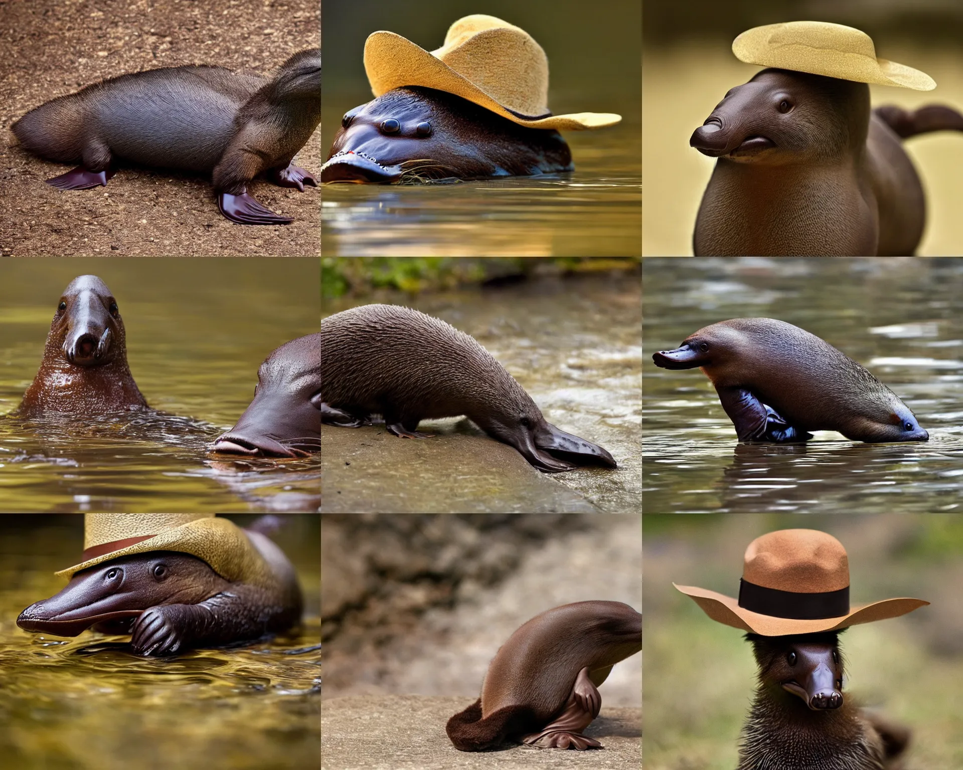 Image similar to a real platypus wearing a brown fedora, national geographic photo