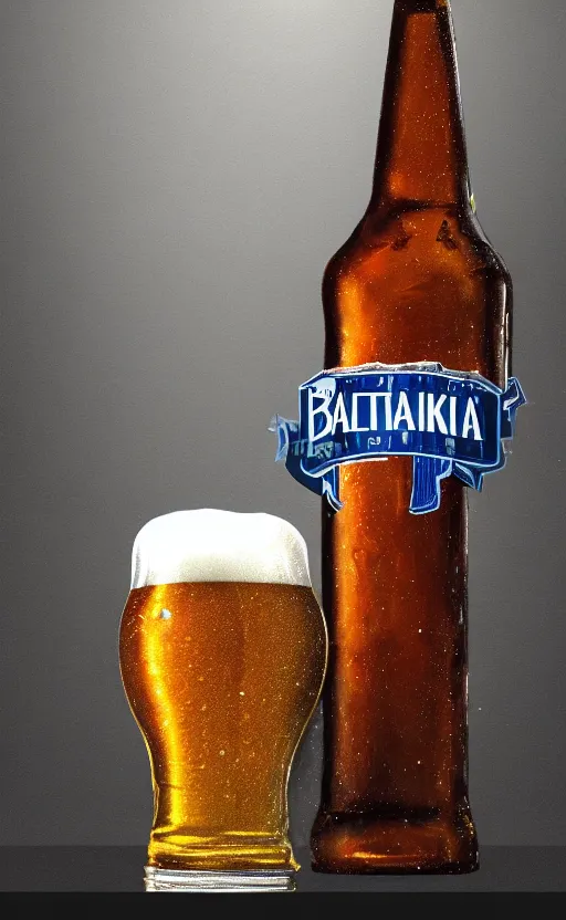 Prompt: a glass of beer with bottle with sign that saying baltika, baltika, dynamic lighting, photorealistic fantasy concept art, trending on art station, stunning visuals, creative, cinematic, ultra detailed