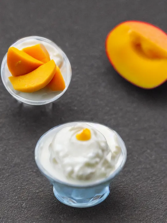 Image similar to miniature diorama of yogurt mango pieces macro