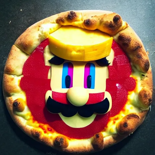 Image similar to a photo of super mario made of cheese in a pizza, food photo, professional food photo, iphone, 4 k