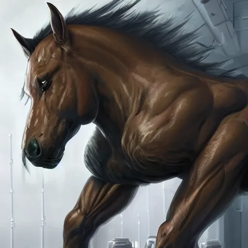 Image similar to a monstrously muscular male anthro horse wearing a tactical suit in a research facility, foggy breath coming out of mask, highly detailed, anthro art, furaffinity, digital painting, artstation, sharp focus, smooth, concept art, illustration, art by artgerm, greg rutkowski, wlop