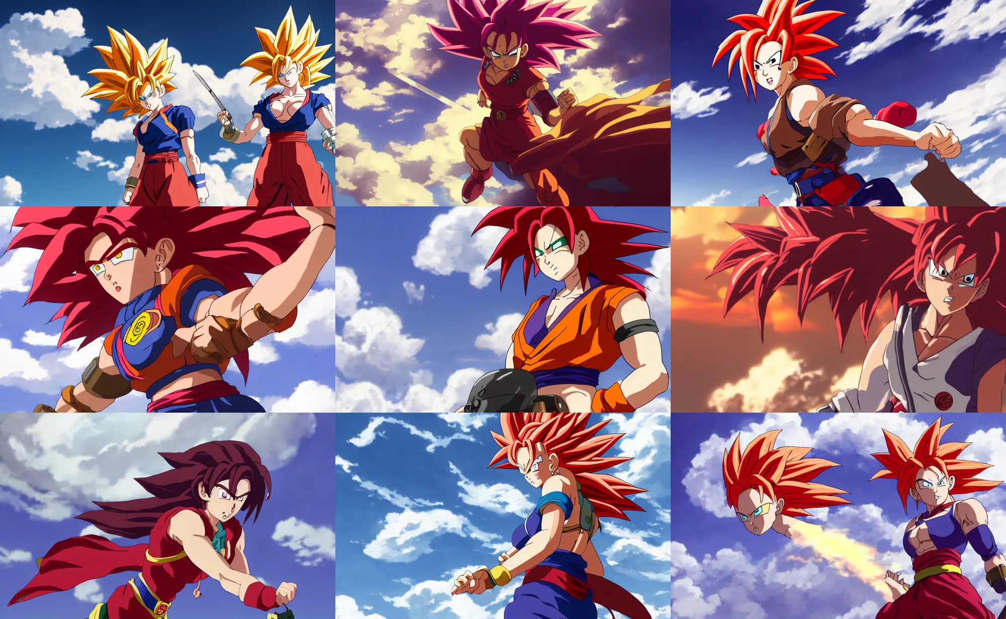 Prompt: a photo of a female saiyan warrior, red hair, wearing an eyepatch, pirate, flying in the clouds, 4 k uhd, portrait, by makoto shinkai, gundam, dragon ball z, spirited away, detailed, mindblowing